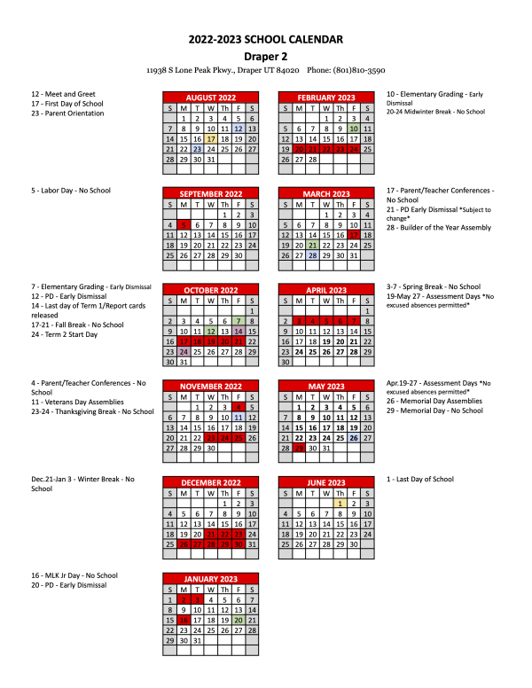 Calendar - Draper 2 Campus